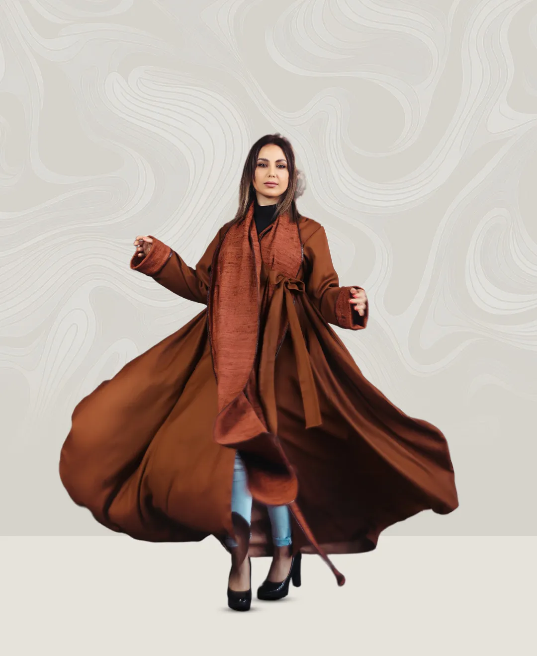 Brown Linen Abaya with Wool Collar & Lace