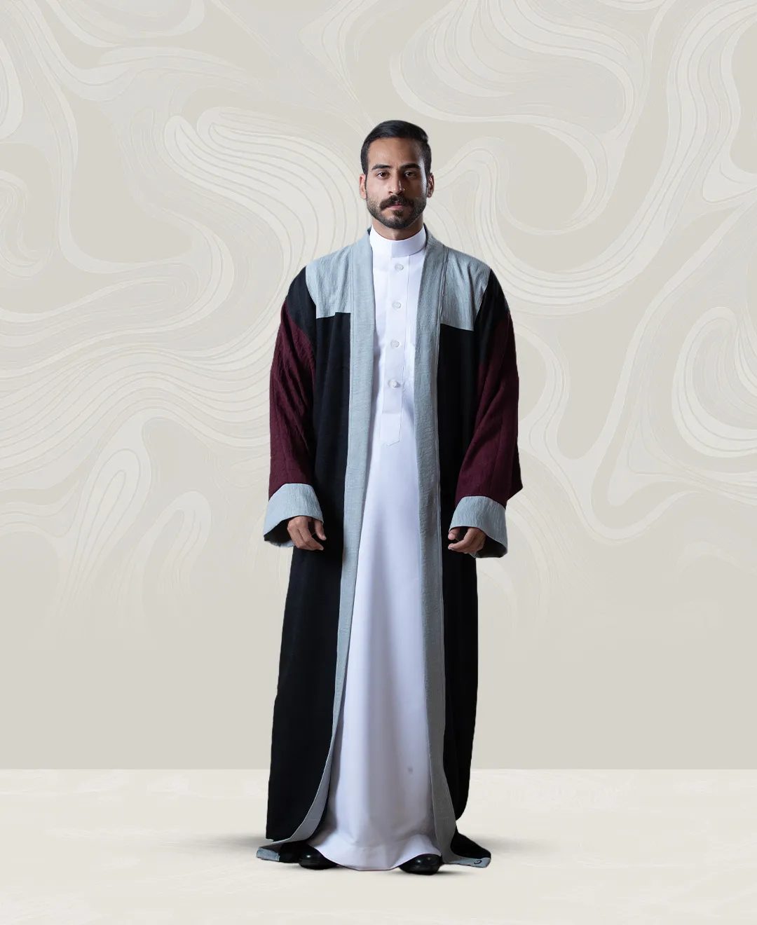 Mens Black Maroon Crepe Bisht with Gray Linings