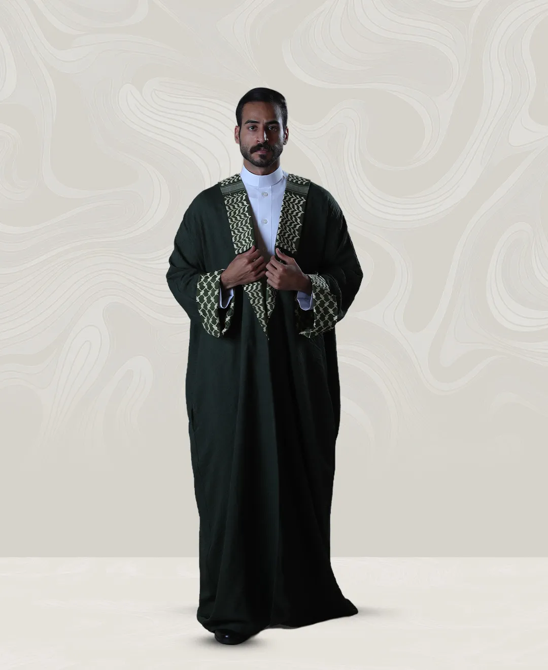 Mens Navy Green Crepe Bisht with Yellow Collar