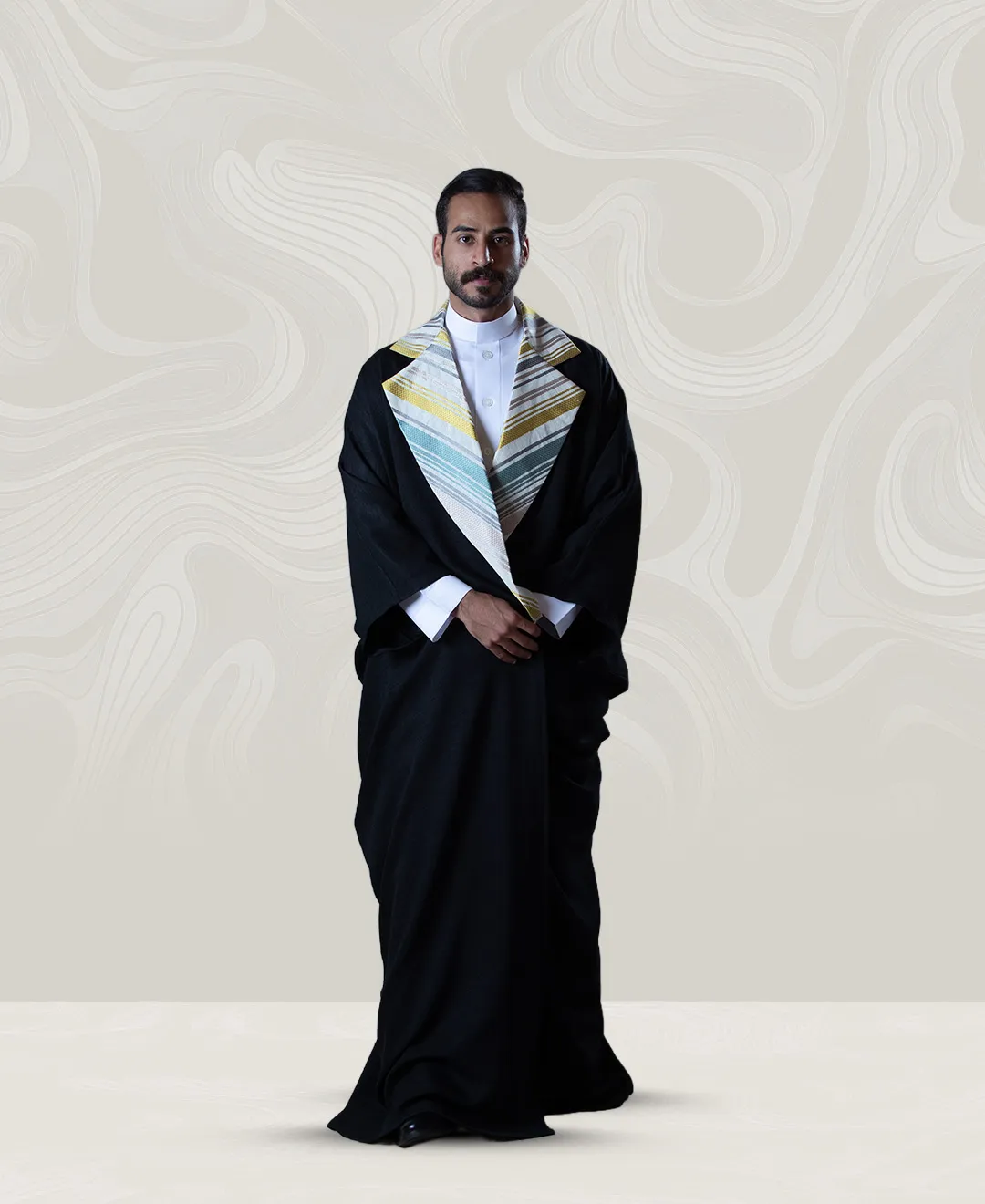 Mens Black Crepe Bisht with Colorful Collar