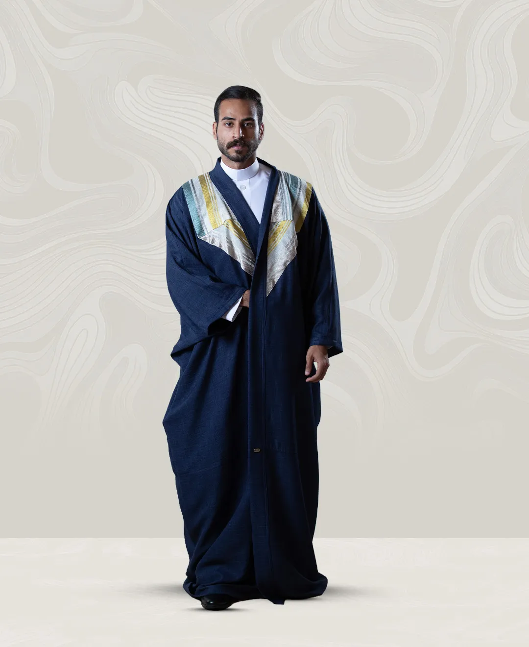 Mens Dark Blue Crepe Bisht with Colorful Shoulder