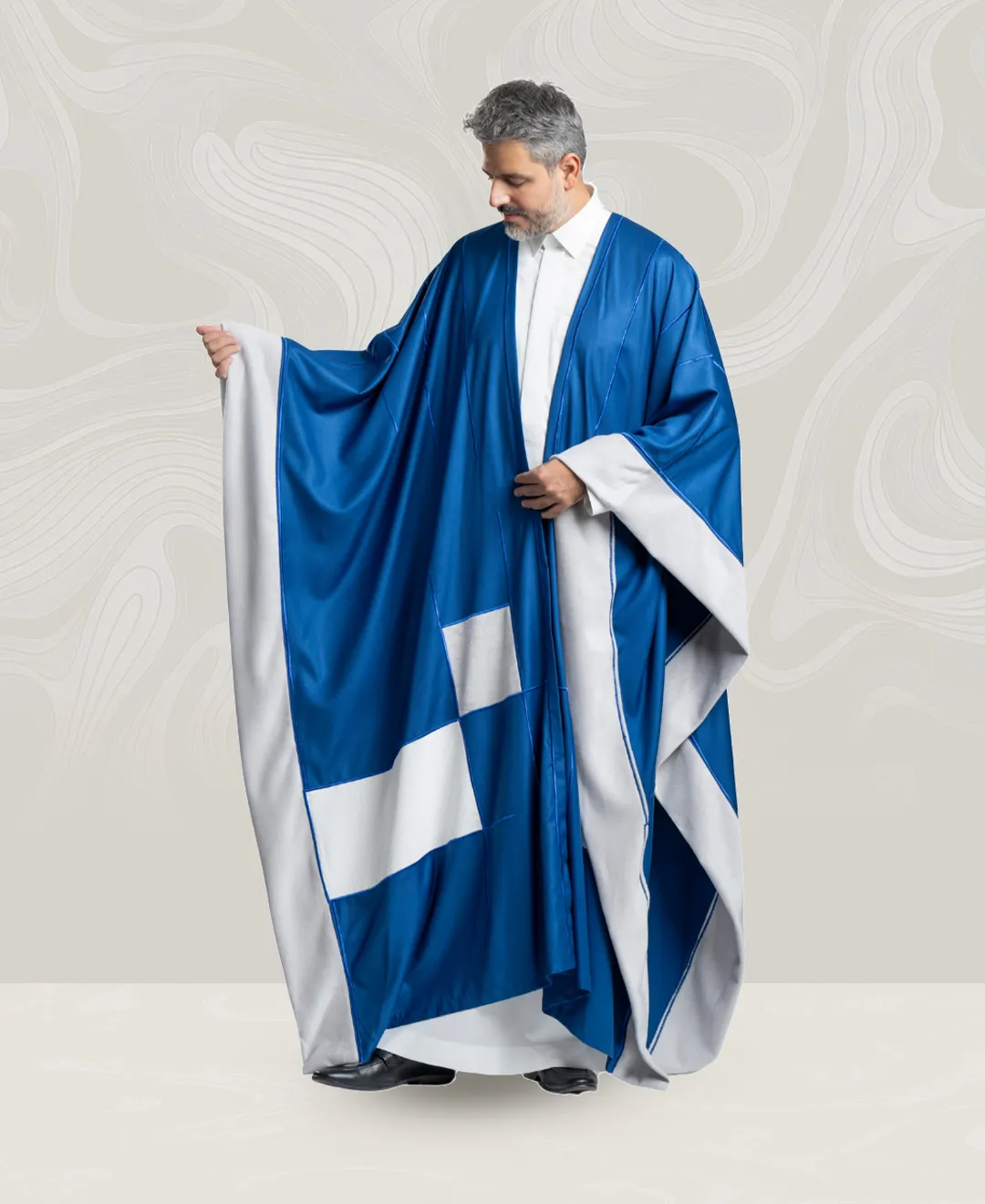 Men’s Blue Wool Bisht with Embroidery Lines