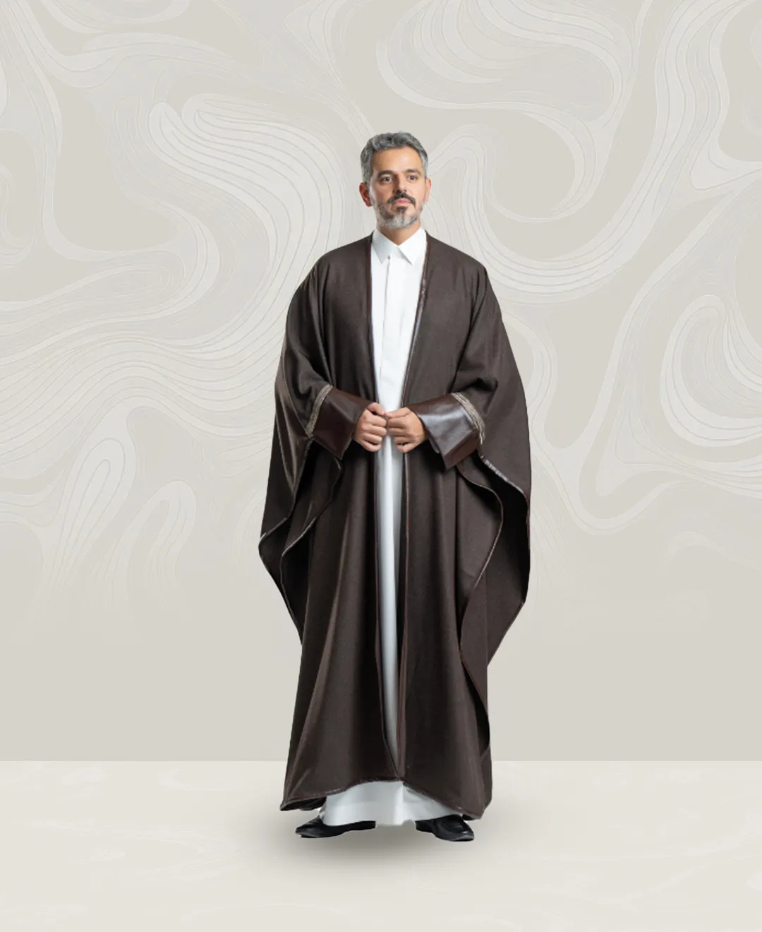 Men’s Brown Wool Bisht with Leather Sleeves