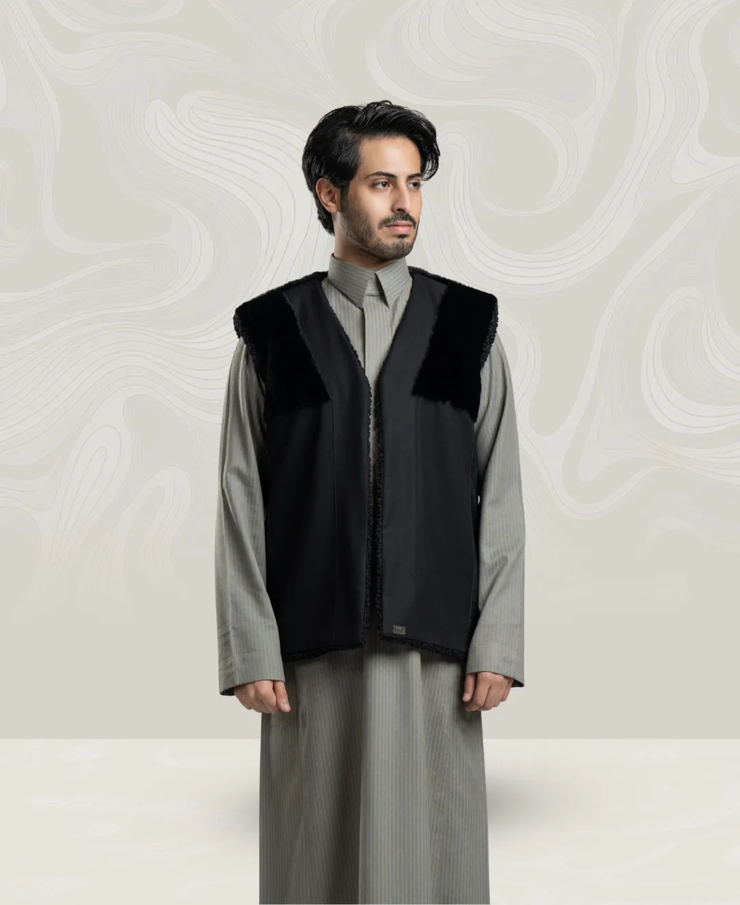 Men’s Black Wool Vest with Natural Fur
