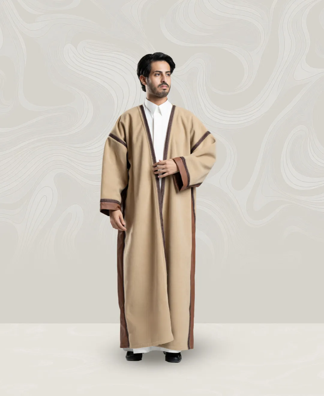 Men’s Beige Wool Bisht with Brown Leather & Zari