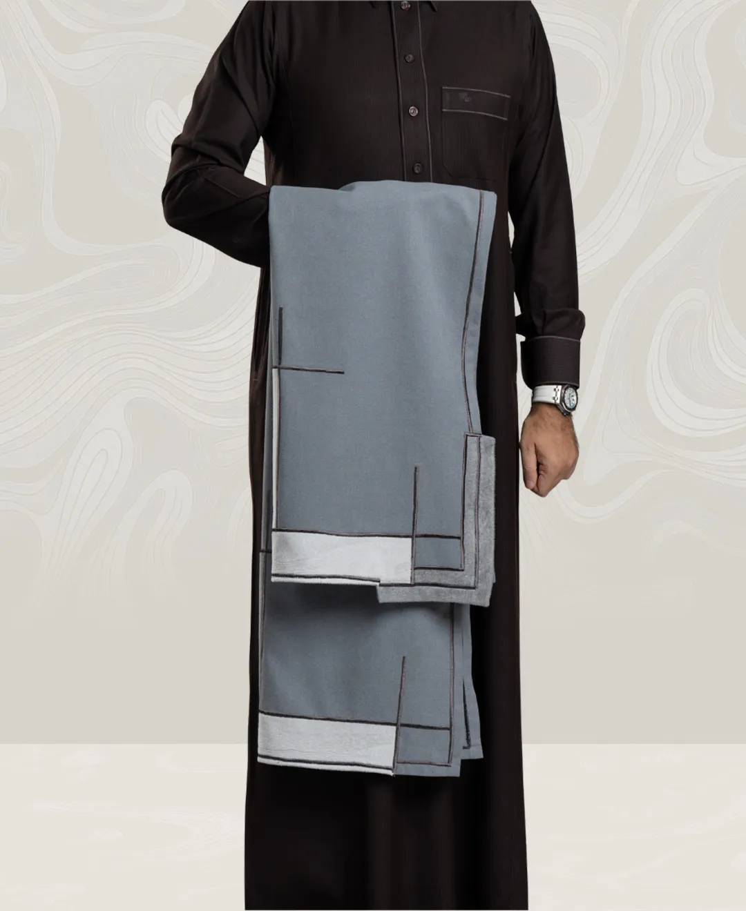 Gray Wool Shawl Decorated with Embroidery Lines