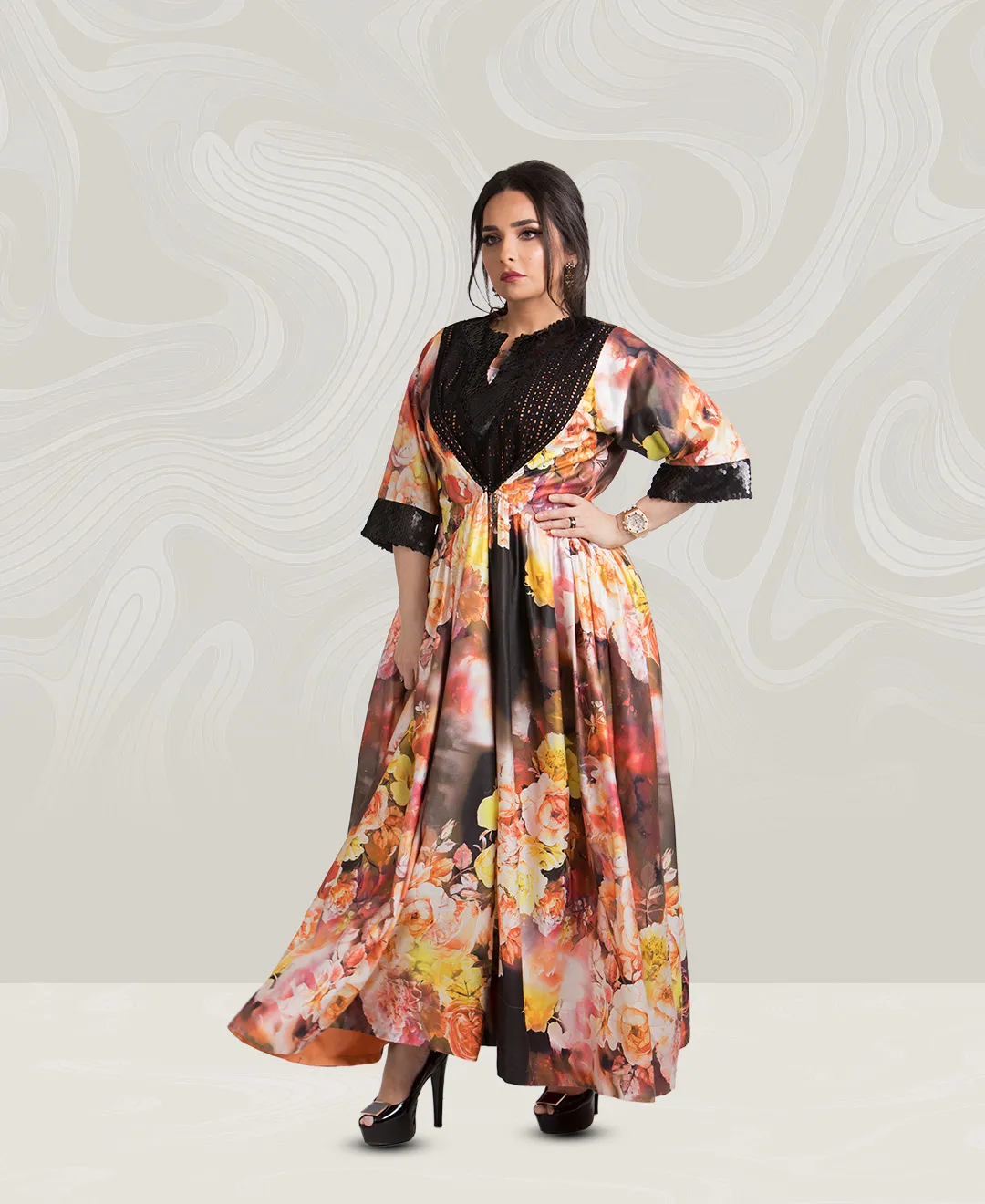 Flower Printed Dress with Black Sequins