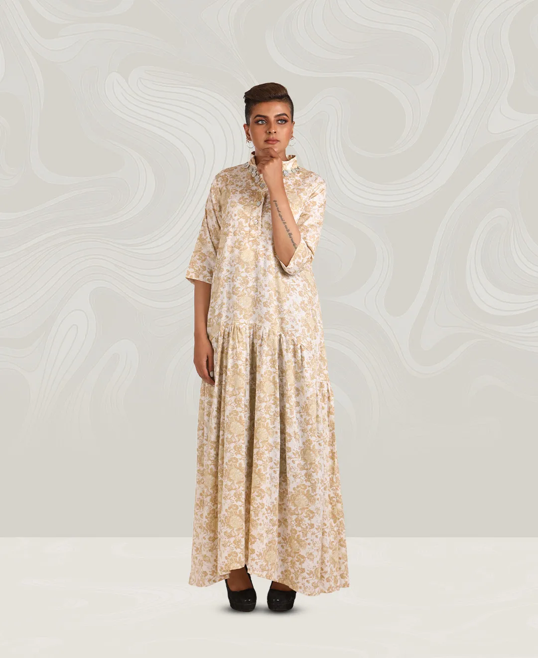 Yellow Printed Cotton Jalabiya