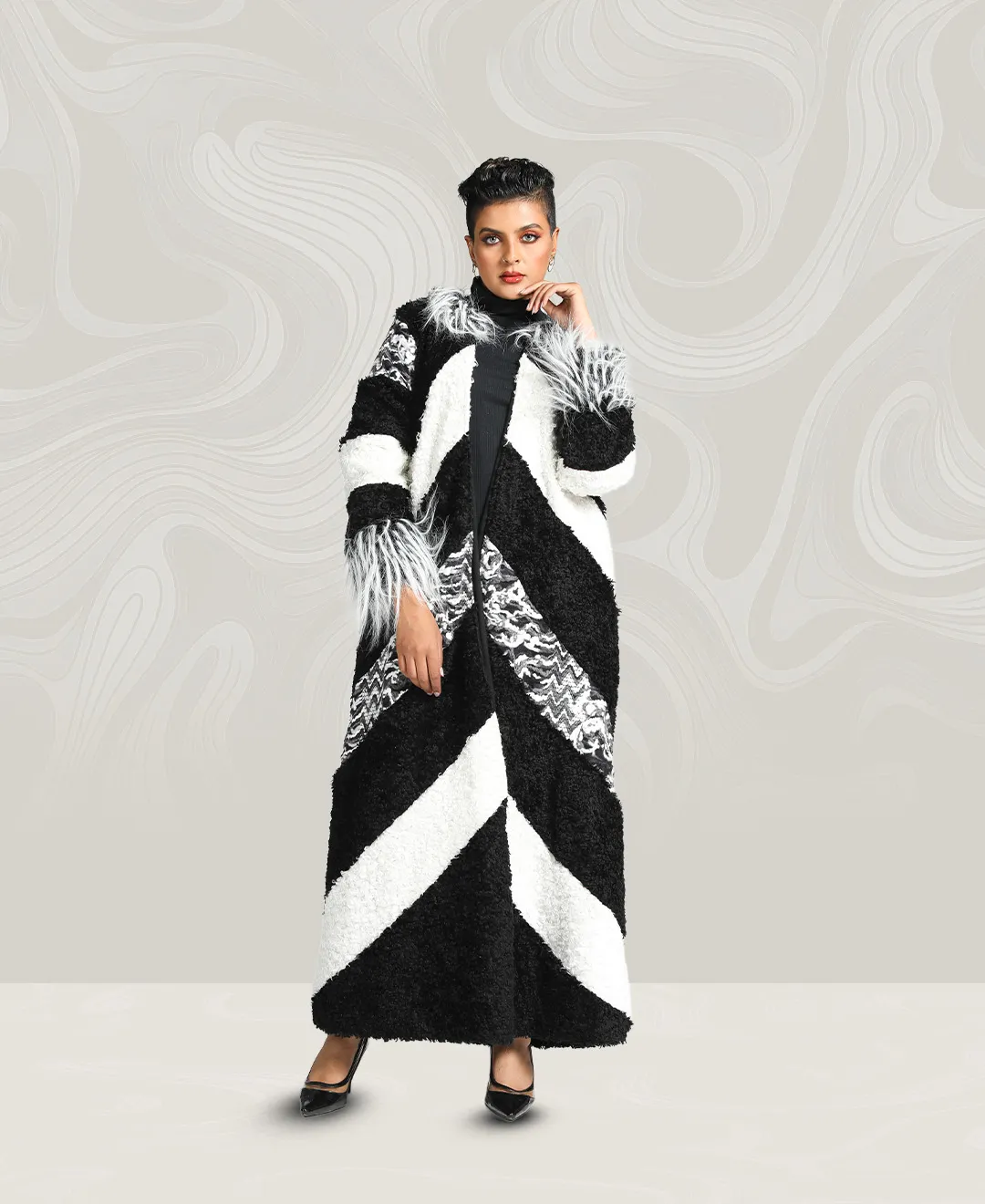 Black Wool Coat Abaya with Black Stripes