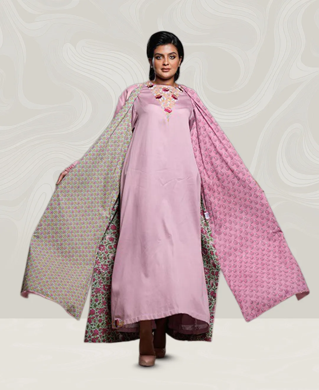 Bisht With Embroidered pink Dress