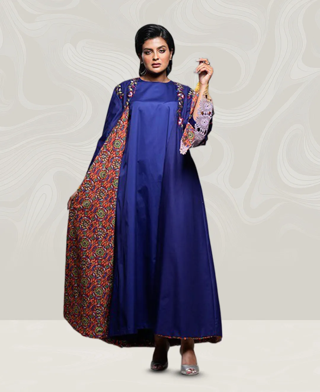 Bisht with Embroidered Indigo Dress