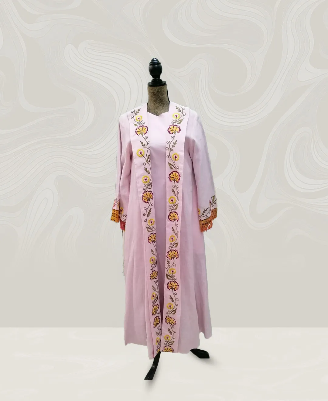 Bisht with pink embroidered dress