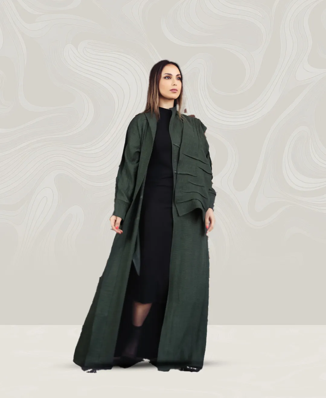 Dark Green Crepe Abaya with Shoulder & Pockets