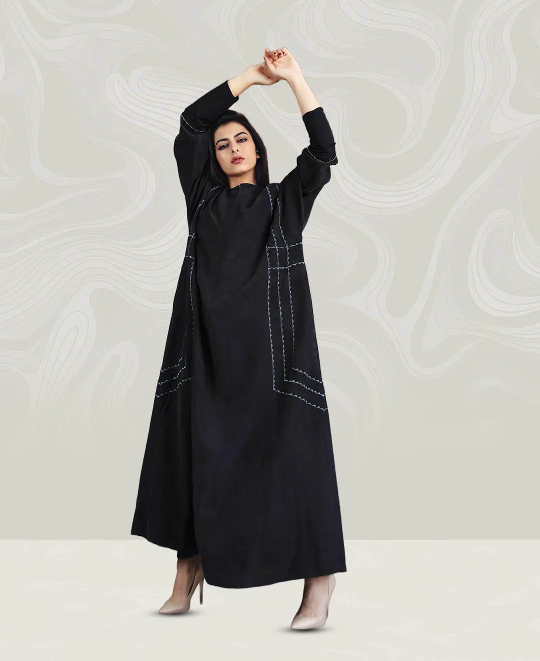 Washed Silk Black Abaya with Gray Linings