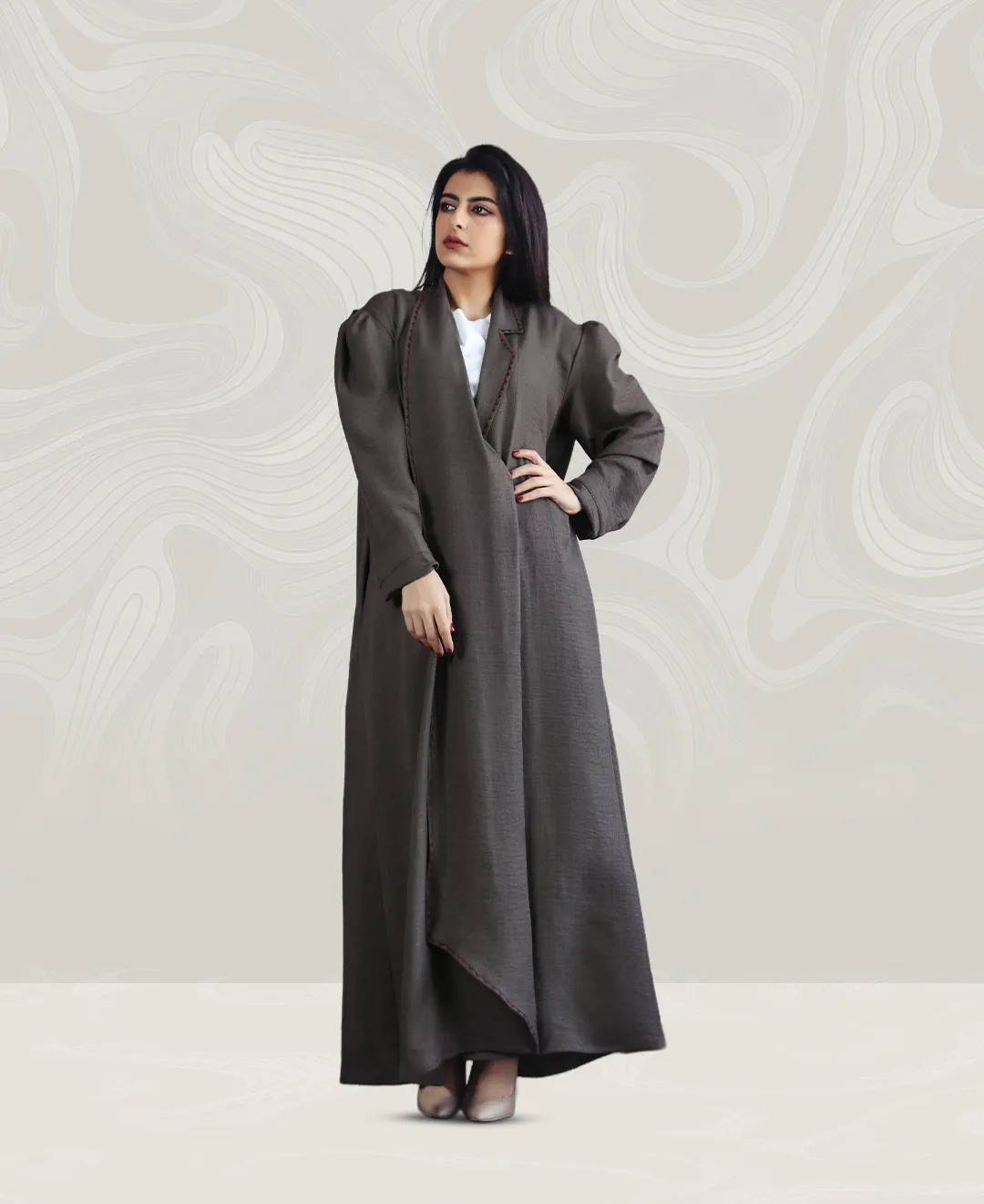 Dark Gray Crepe Abaya with Brown Collar