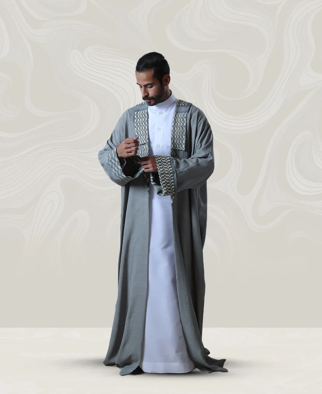 Mens Gray Crepe Bisht with Yellow Collar