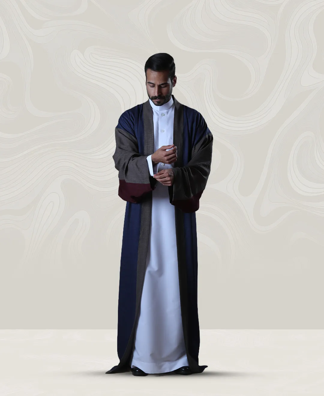 Mens Dark Blue Maroon Crepe Bisht Gray Linings
