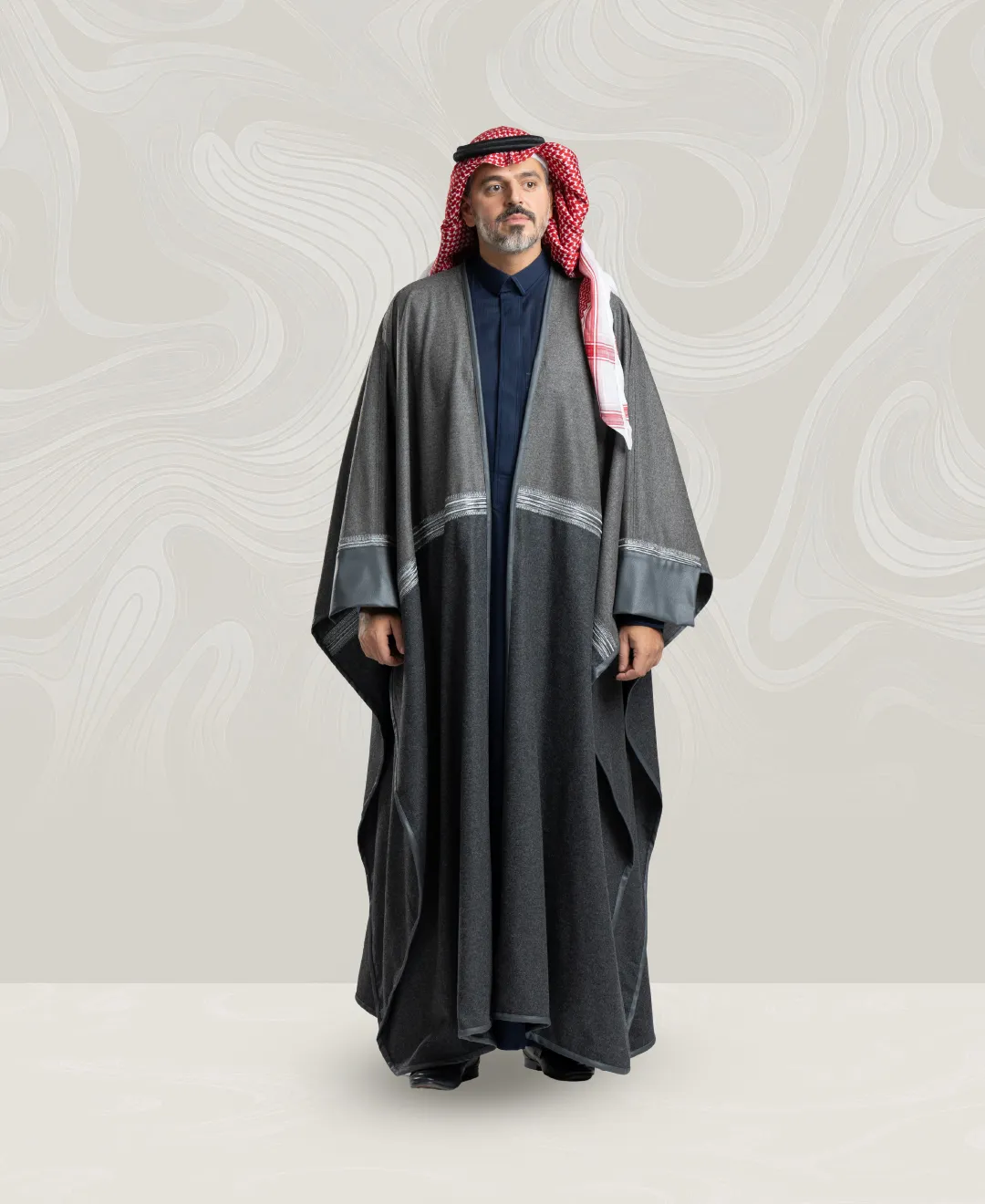 Men’s Gray Wool Bisht with Leather Sleeves