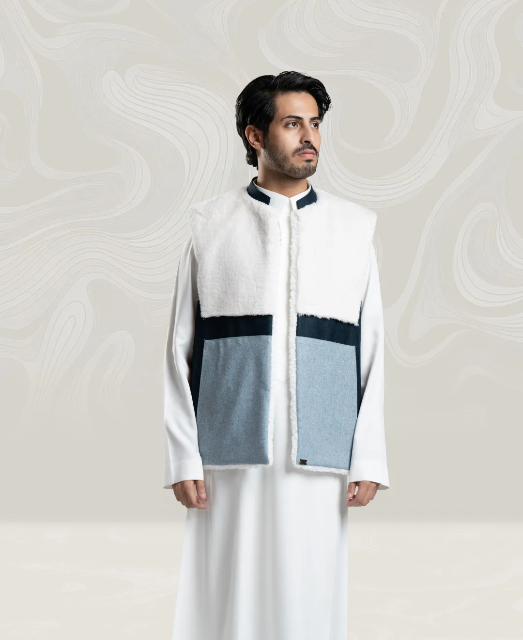 Men’s Navy Wool Vest with White Fur and Blue Wool