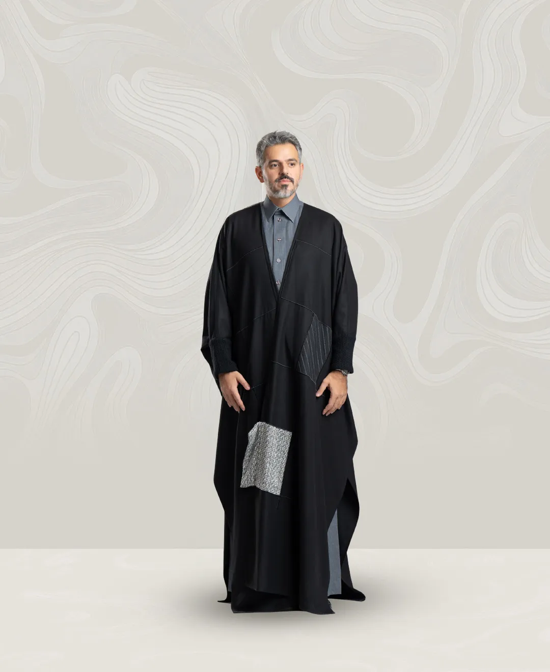 Men’s Black Wool Bisht with Embroidery Lines
