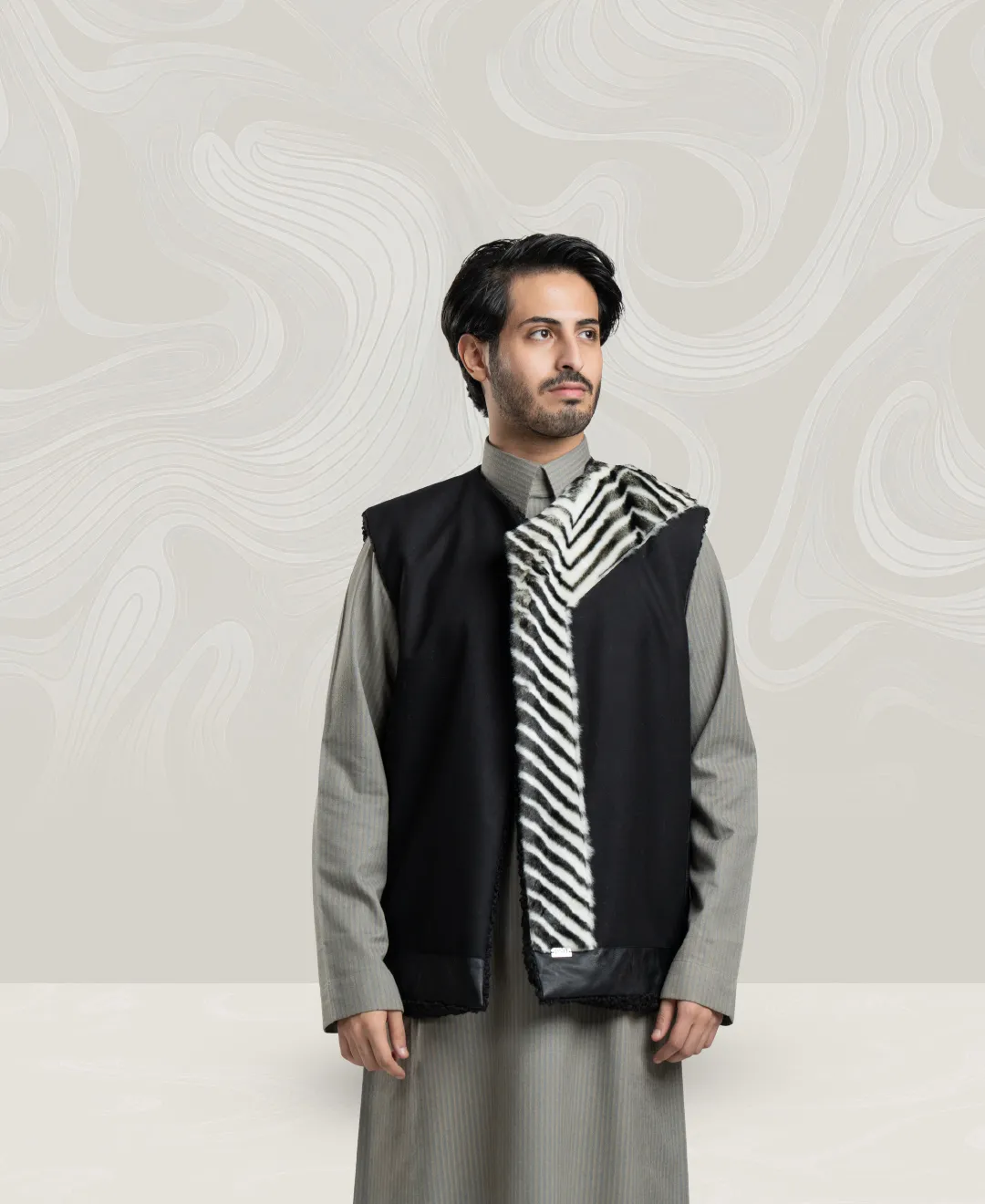 Men’s Black Wool Vest with Zebra Fur