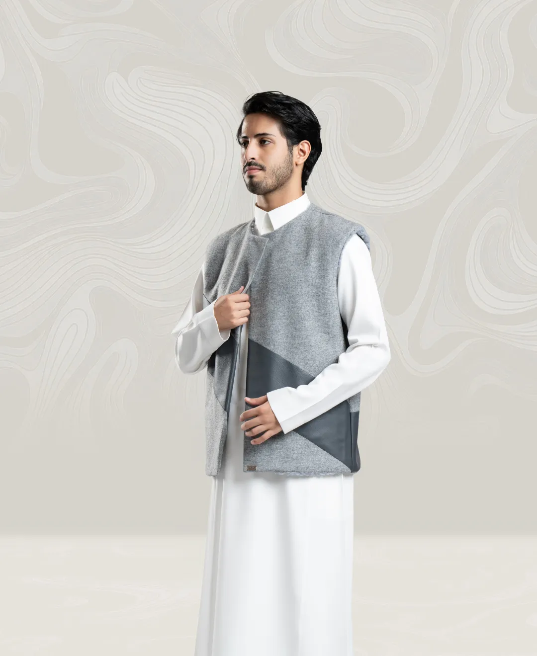 Men’s Gray Wool Vest with Gray Leather Trim