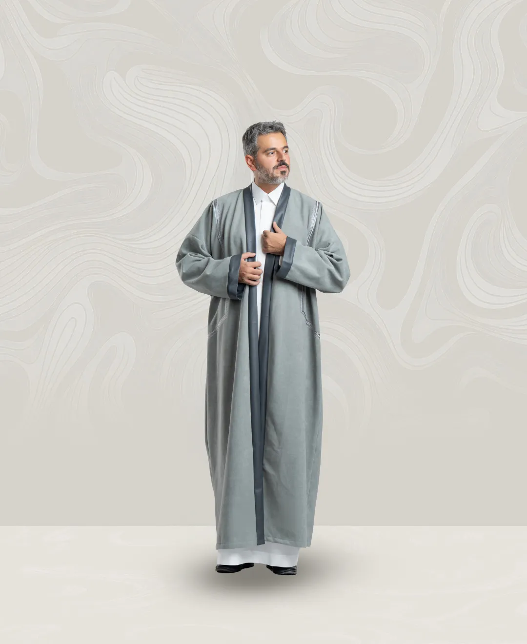 Men’s Gray Wool Bisht with Leather & Zari