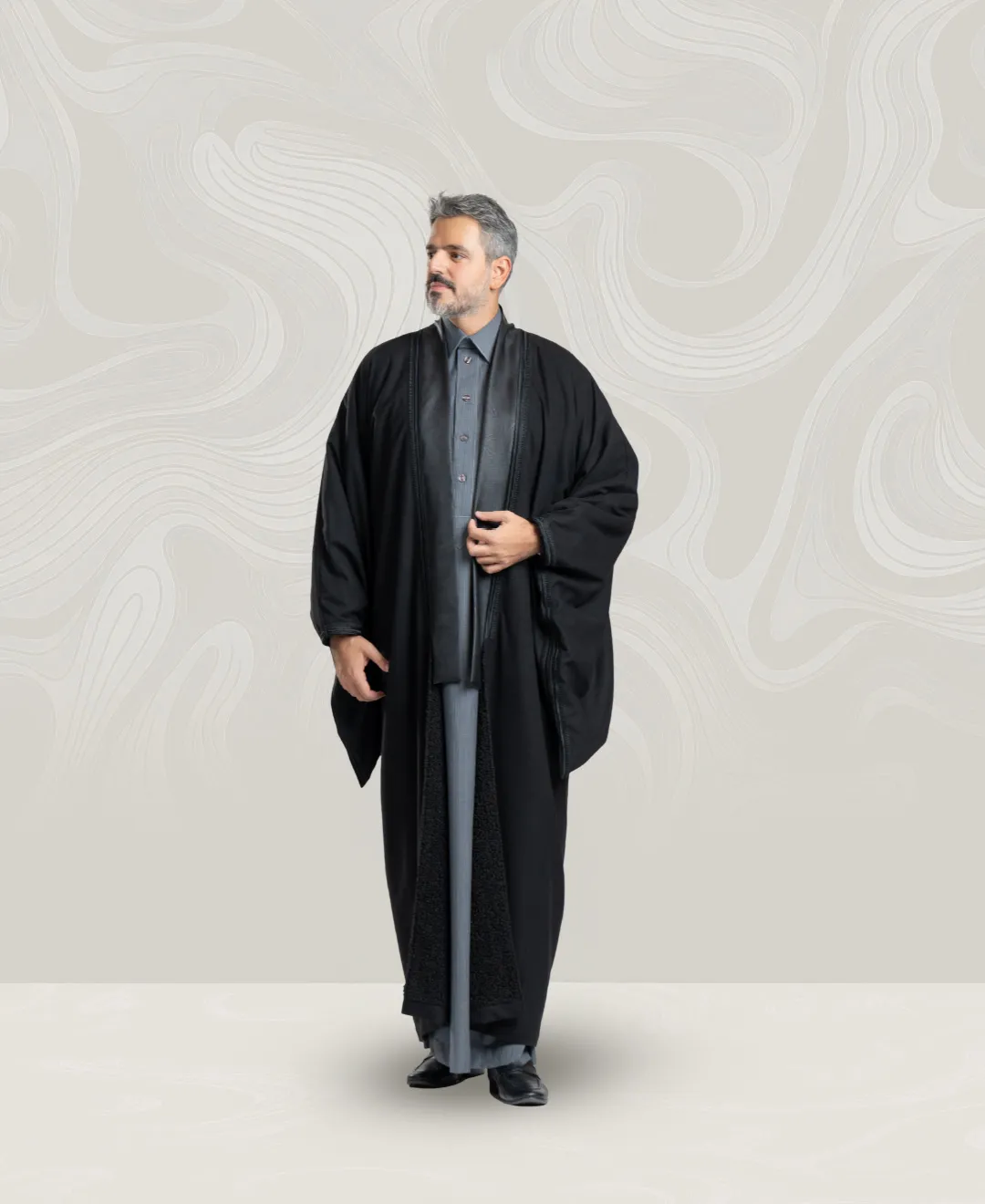 Men’s Blue Wool Jacket with Black Leather & Lisht