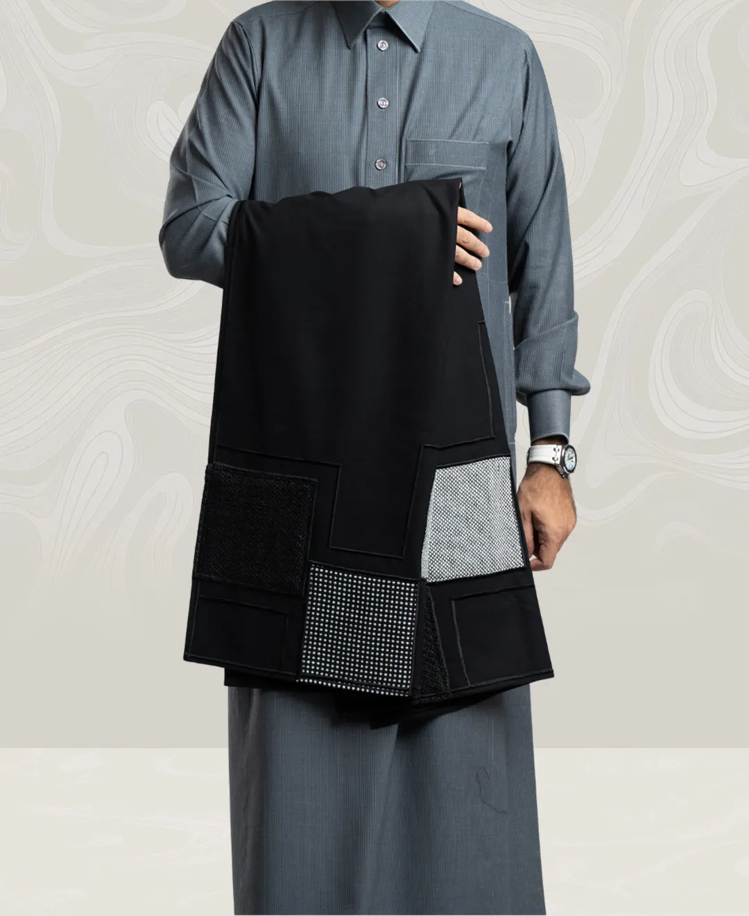 Black Wool Shawl Decorated with Embroidery Lines