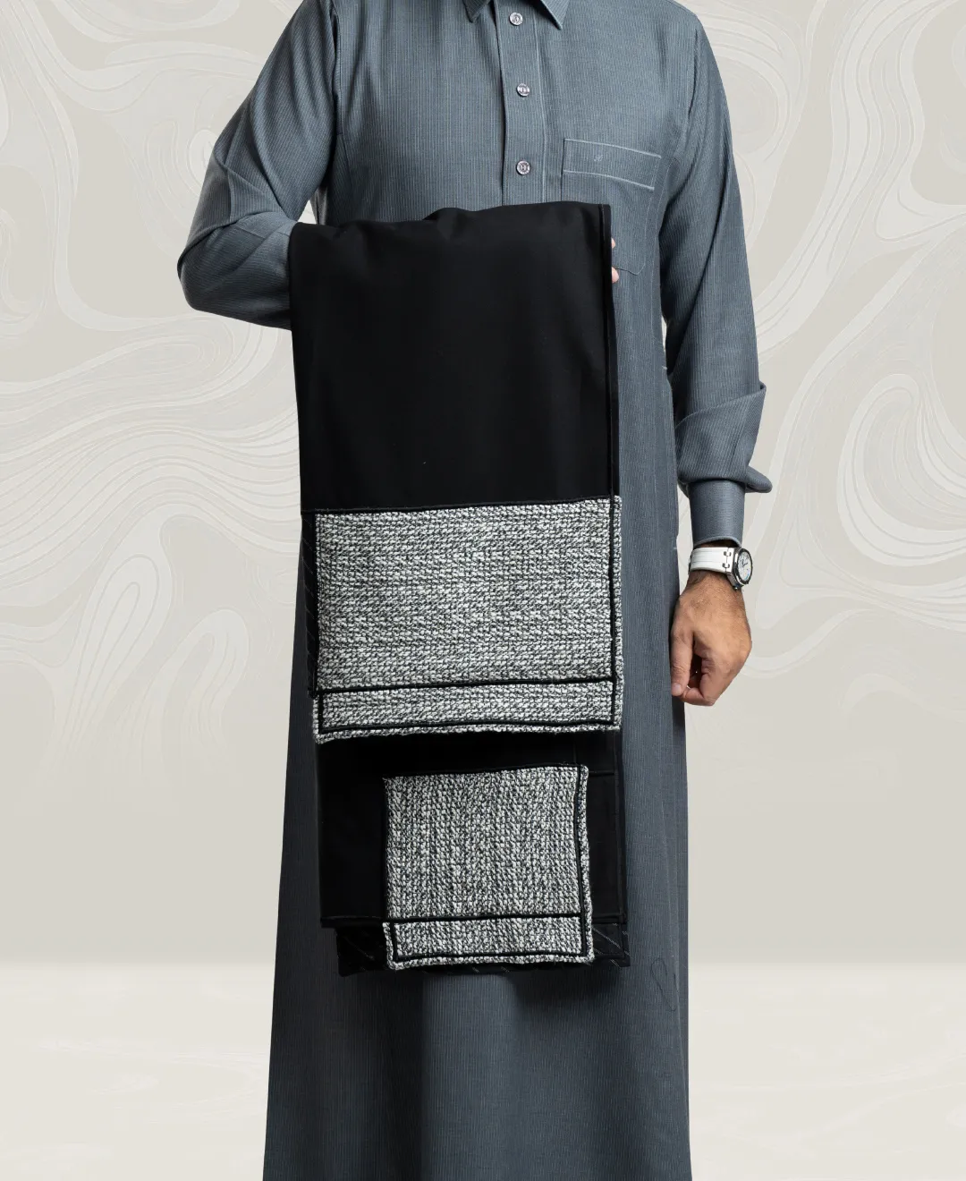 Black Wool Shawl Decorated with Embroidery Lines