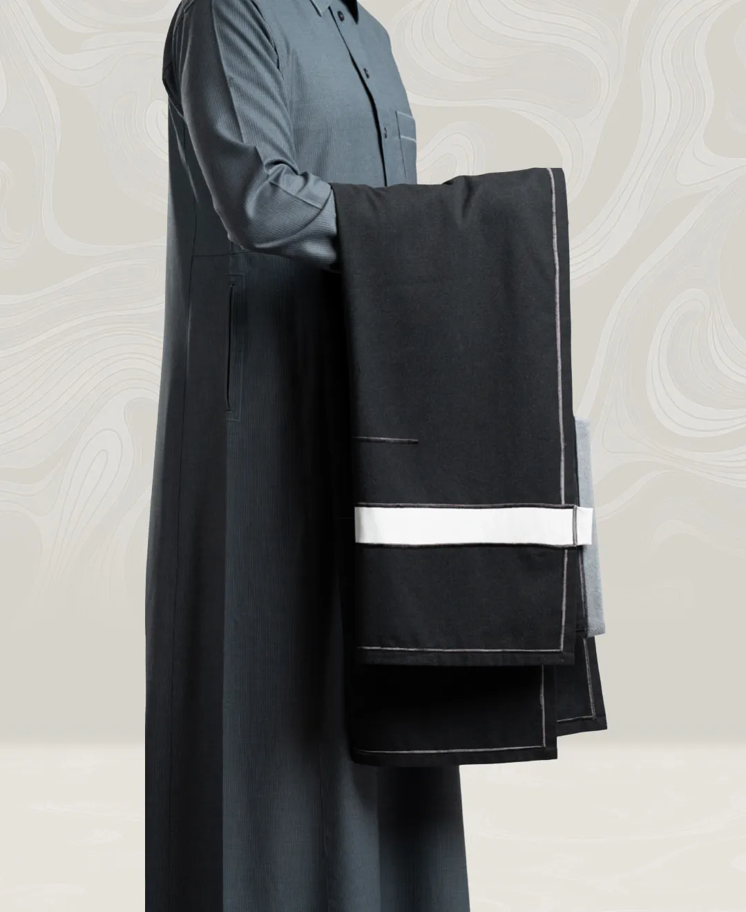 Dark Gray Wool Shawl with Embroidery Lines