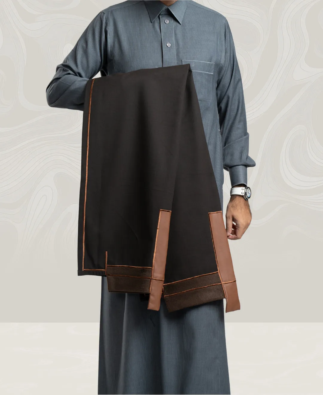 Dark Brown Wool Shawl with Embroidery Lines